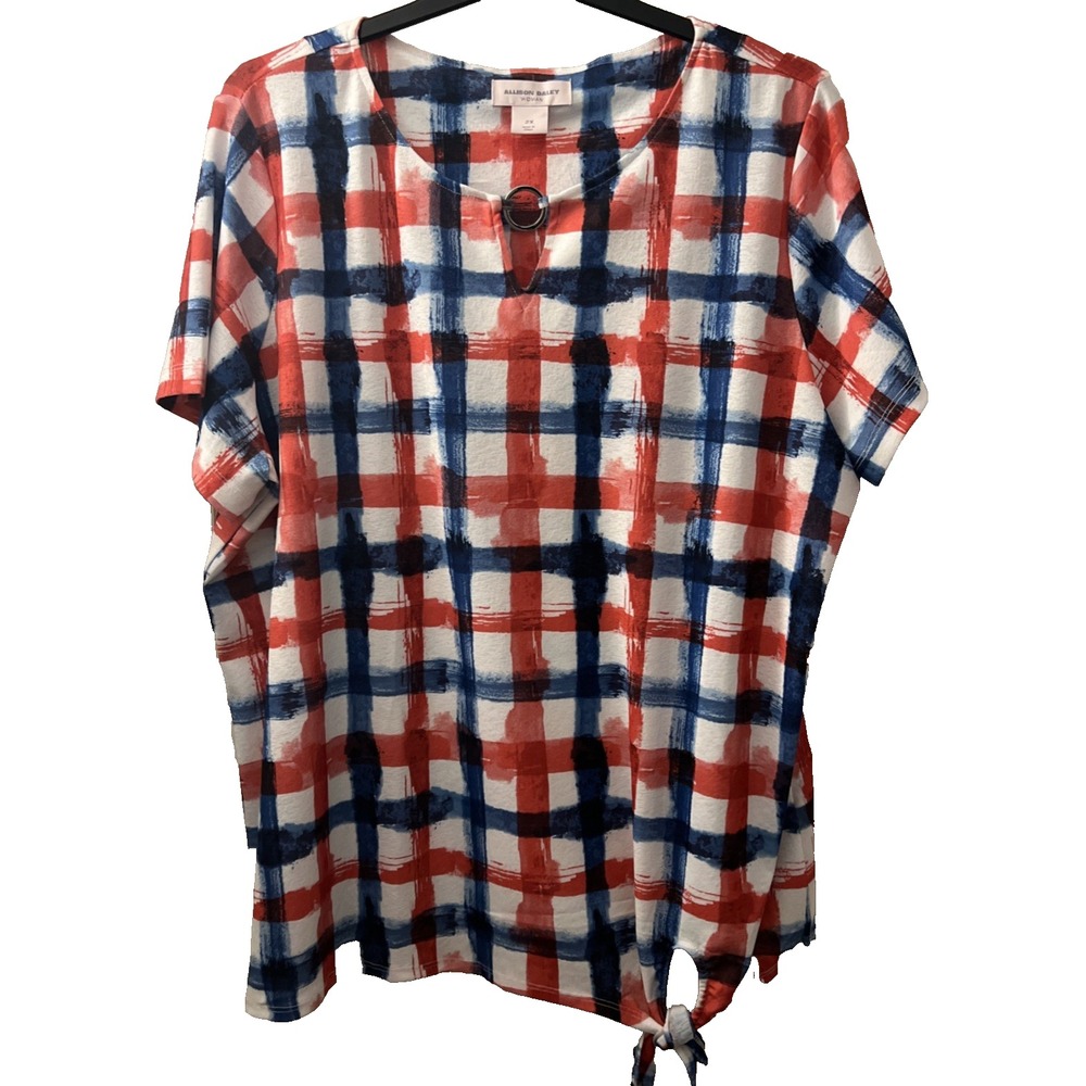 Allison Daley Top Woman 2X Blue Red Plaid Short Sleeve Ring Neck Tie Hem NWT B47